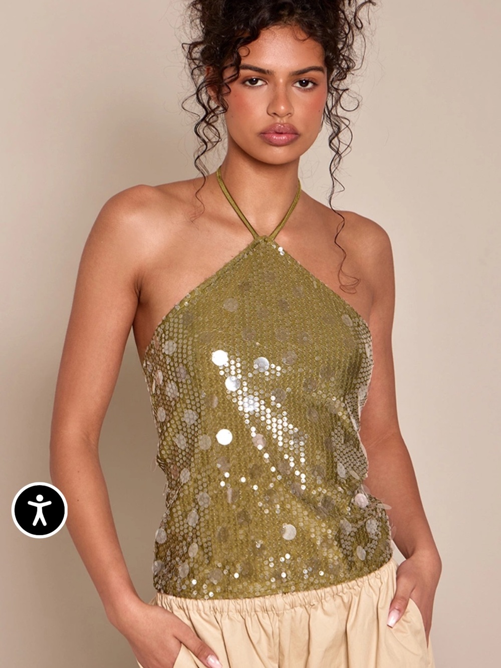 Sequin Halter Tank Dress in Olive Green - Picture 4 of 6